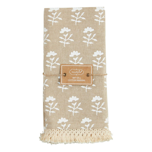 Fringe Taupe Block Print Cloth Napkin Set