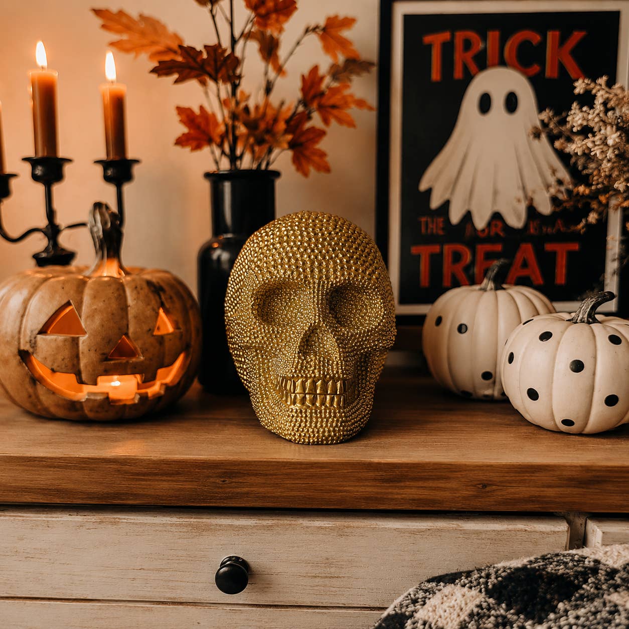 Resin Skull Statue Rattan Halloween Gothic Home Decor Unique-Brown