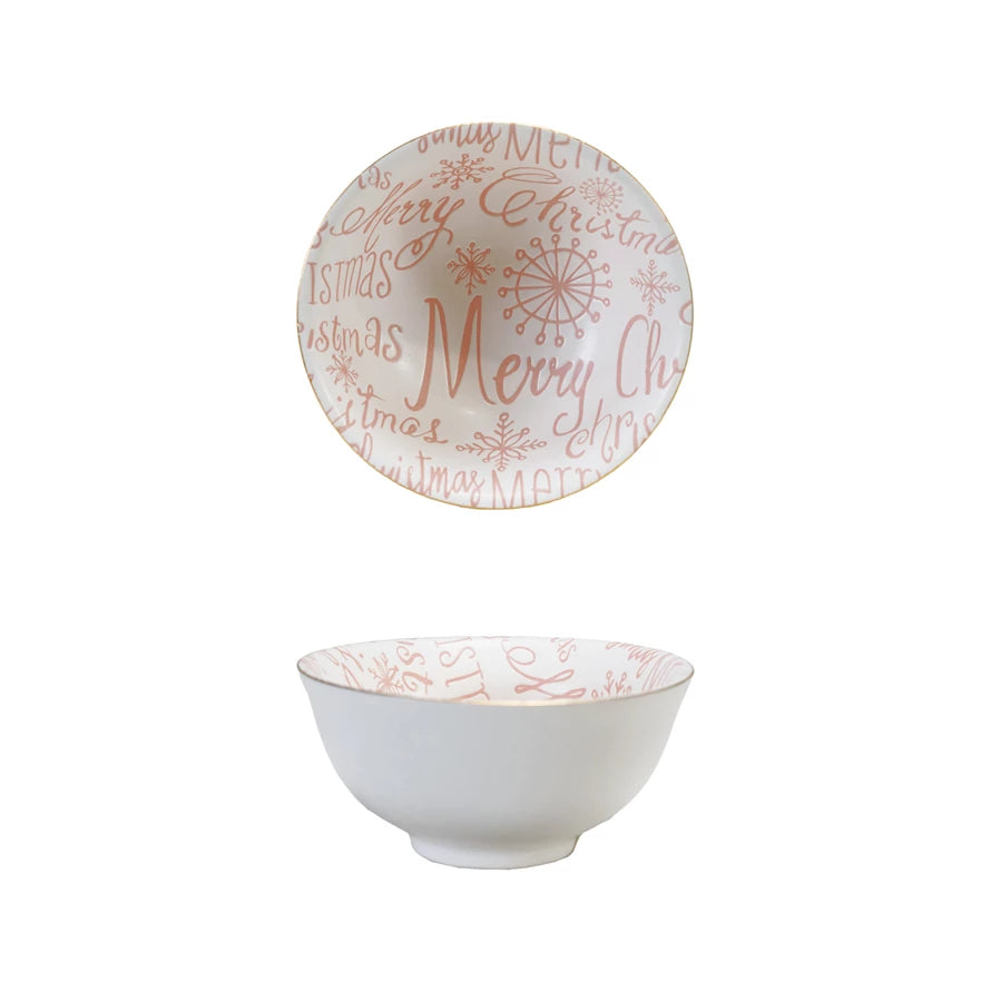 Stoneware Bowl with Gold Color Rim "Merry Christmas", Pink & White