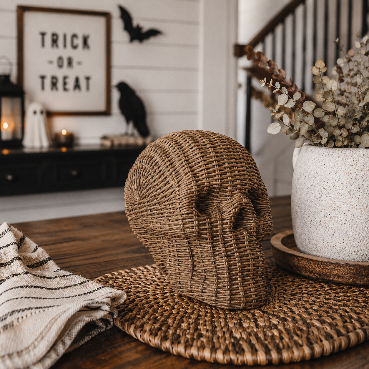 Resin Skull Statue Rattan Halloween Gothic Home Decor Unique-Brown