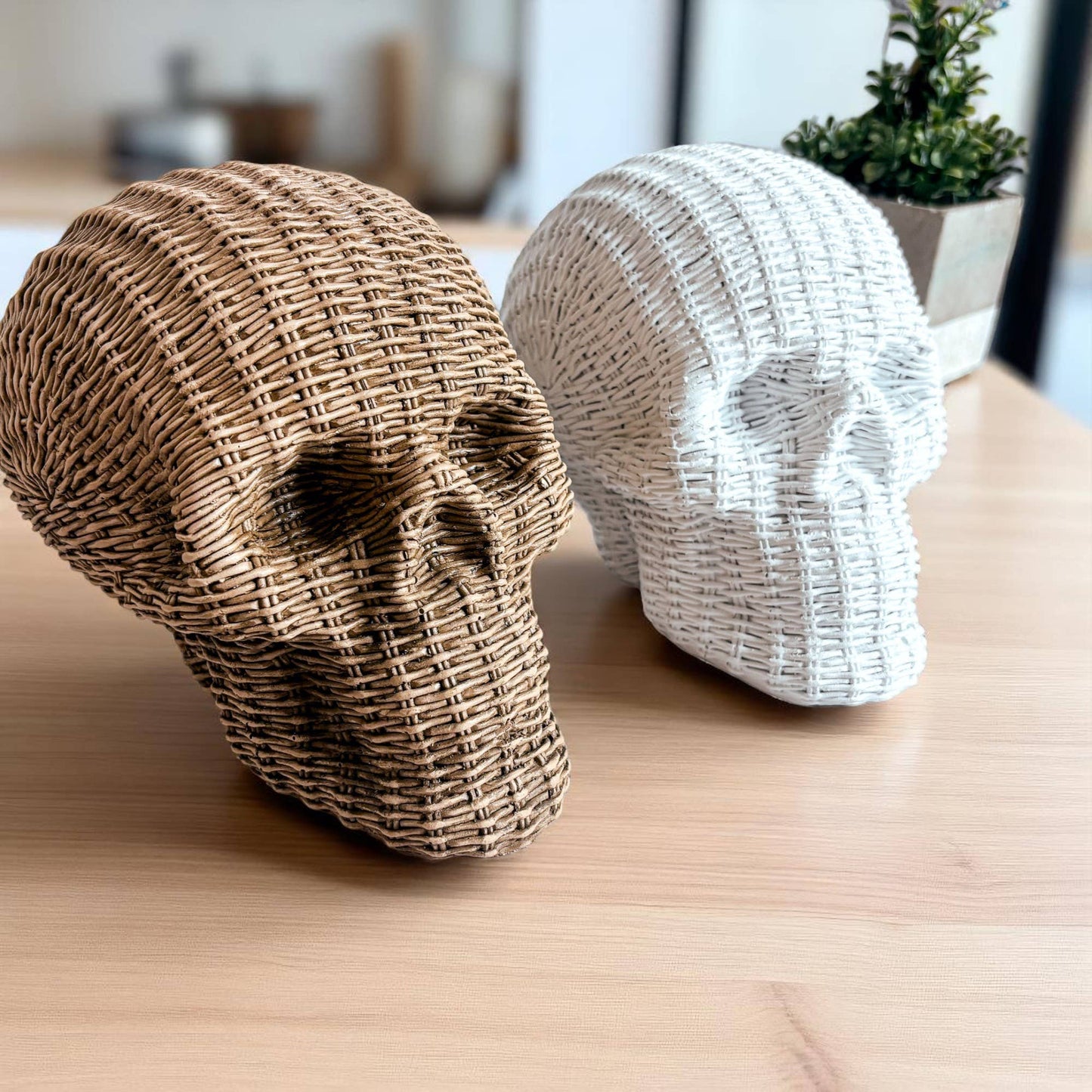 Resin Skull Statue Rattan Halloween Gothic Home Decor Unique-Brown