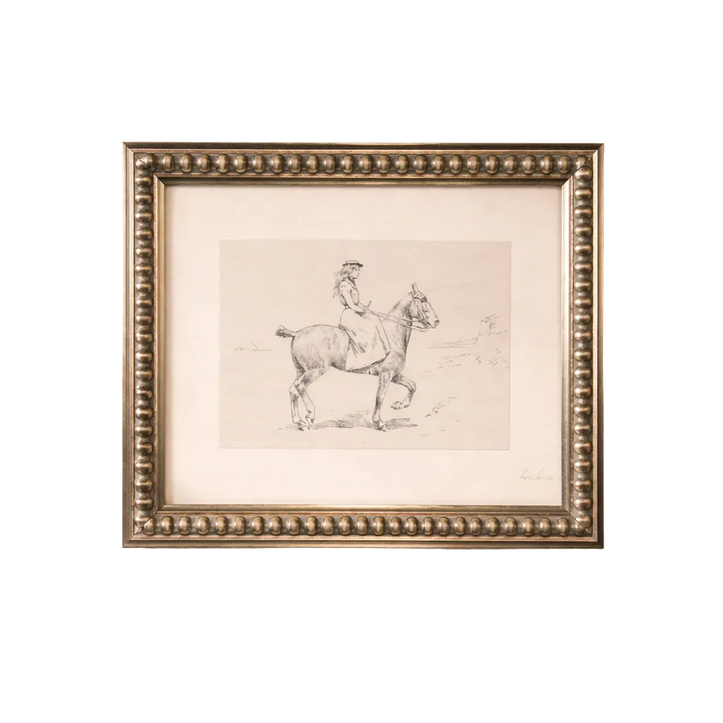 Equestrian Sketch | Antique Inspired Beaded Polished Framed Art 5x7