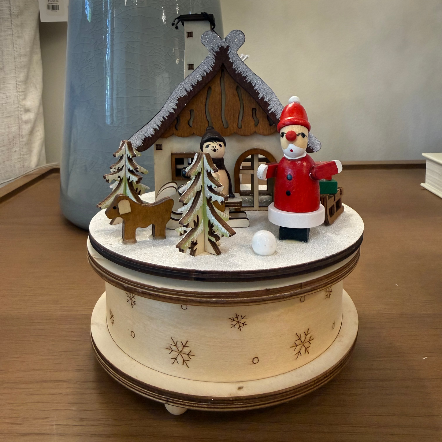 Wood Wind-Up Santa's Cottage Music Box, Plays "Oh Christmas Tree"