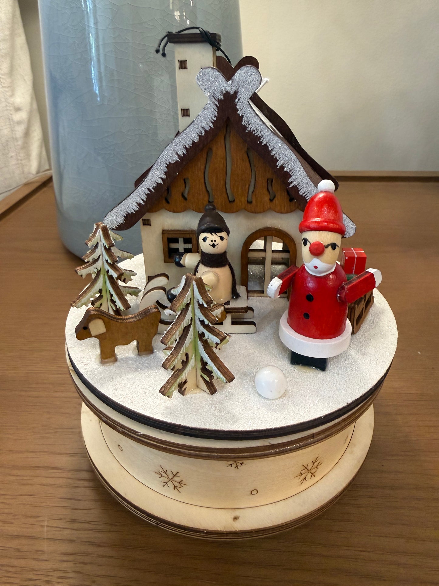 Wood Wind-Up Santa's Cottage Music Box, Plays "Oh Christmas Tree"