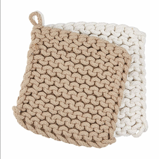 Taupe & White Crochet Pot Holder Set