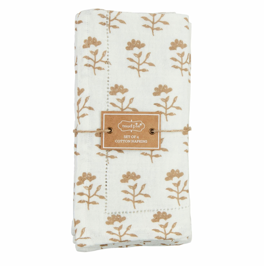 Flower Taupe Block Print Cloth Napkin Set