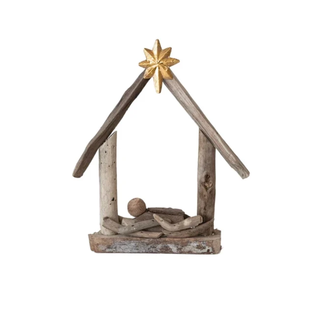 Handmade Driftwood & Acacia Wood Baby Jesus in Manger