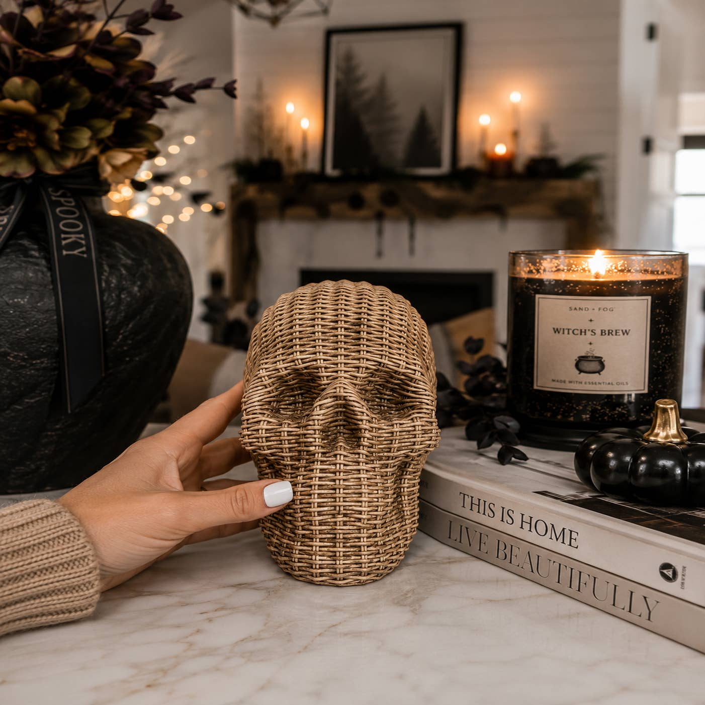 Resin Skull Statue Rattan Halloween Gothic Home Decor Unique-Brown