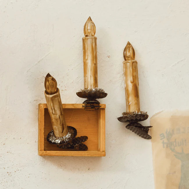 Plastic Candle Clip-On Ornaments w/ Tinsel & LED Light, Boxed Set of 6