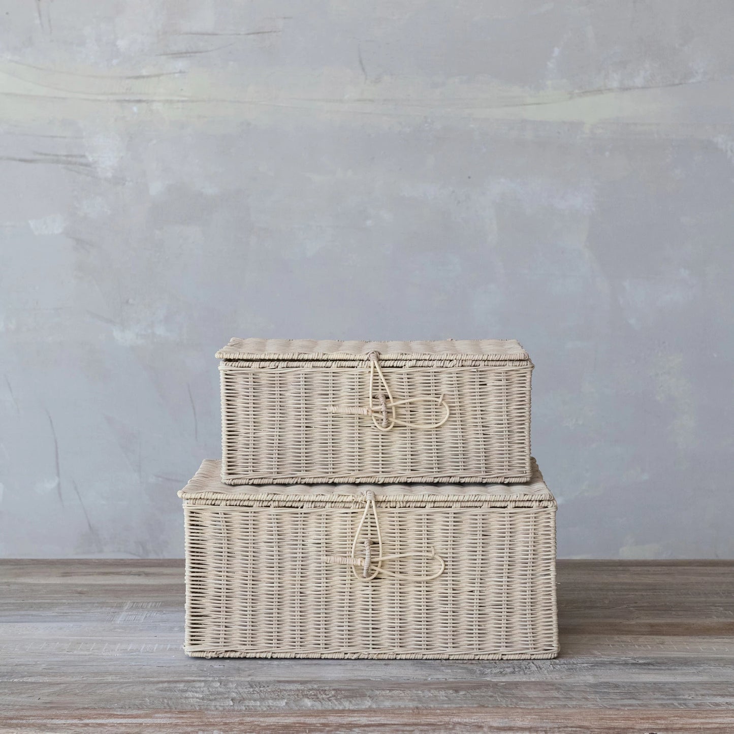 Hand-Woven Rattan Boxes with Closures, Bleached