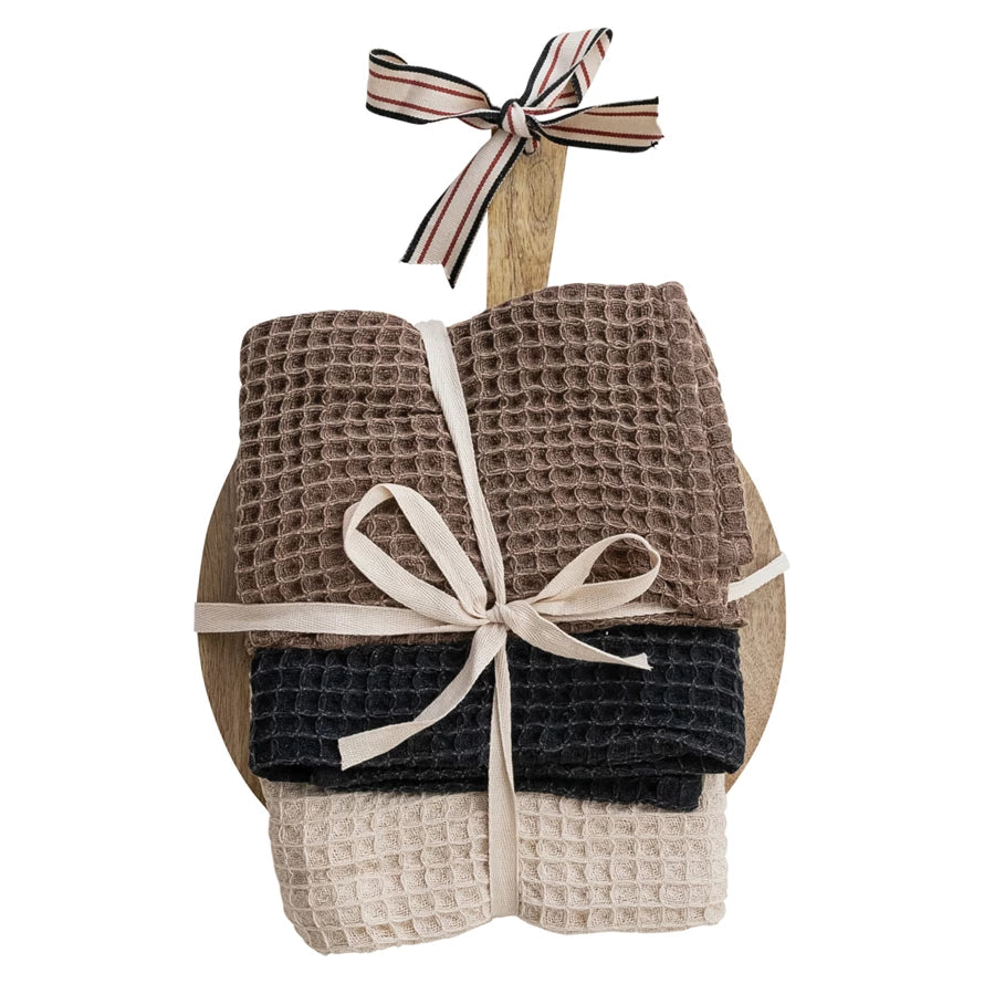 Waffle Weave Tea Towels w/ Mango Wood Cheese/Serving Board, Set of 4 Tied w/ Cotton Tape