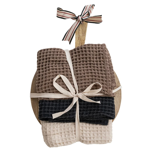 Waffle Weave Tea Towels w/ Mango Wood Cheese/Serving Board, Set of 4 Tied w/ Cotton Tape