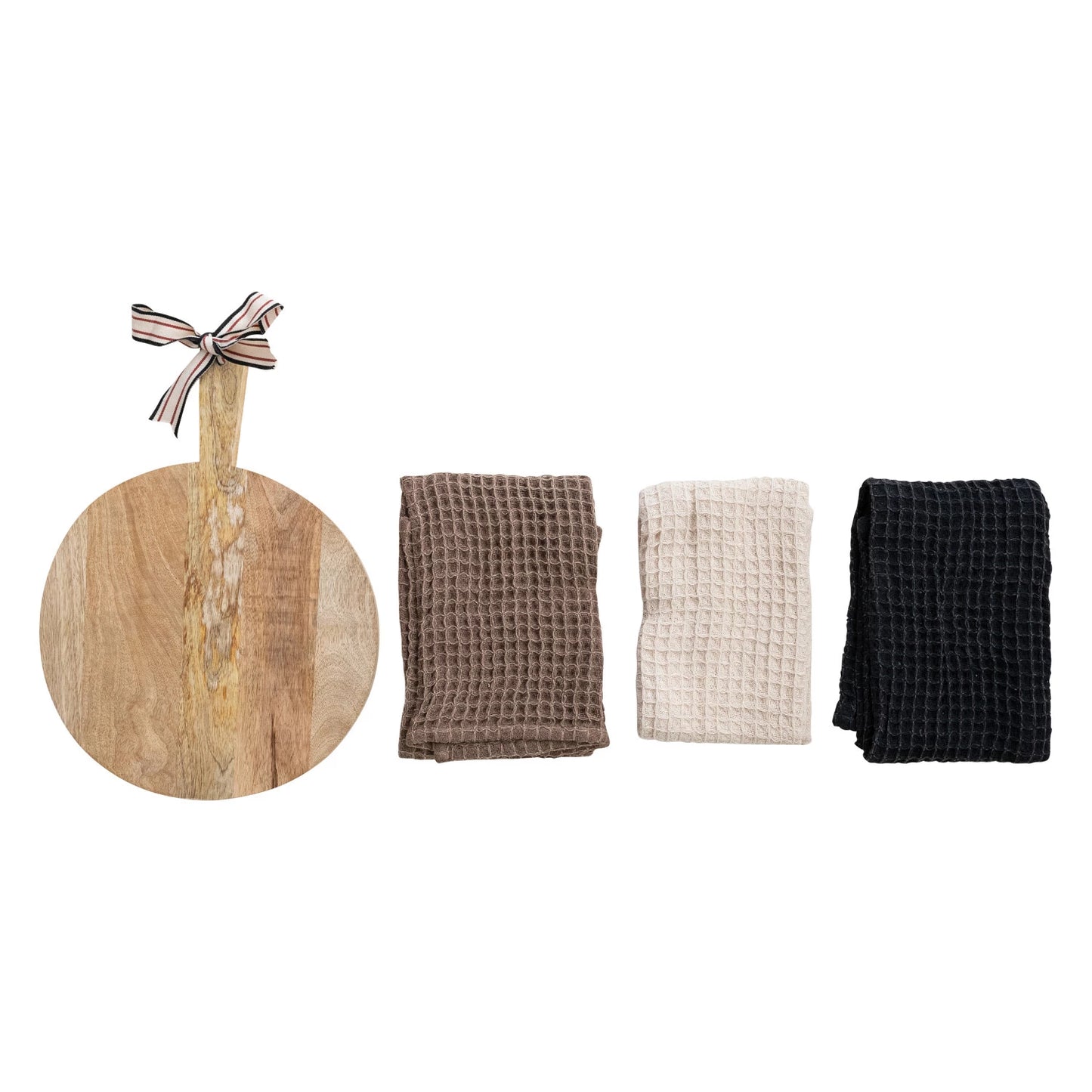 Waffle Weave Tea Towels w/ Mango Wood Cheese/Serving Board, Set of 4 Tied w/ Cotton Tape