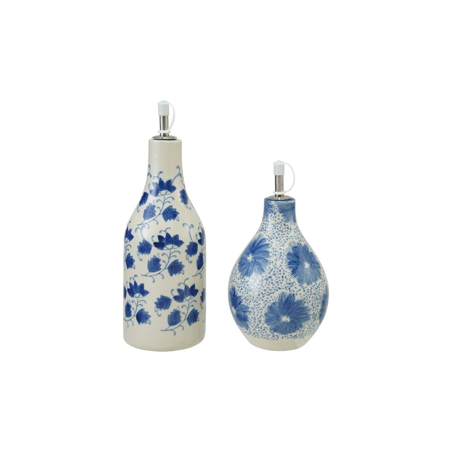 Stoneware Oil Cruet with Floral Pattern