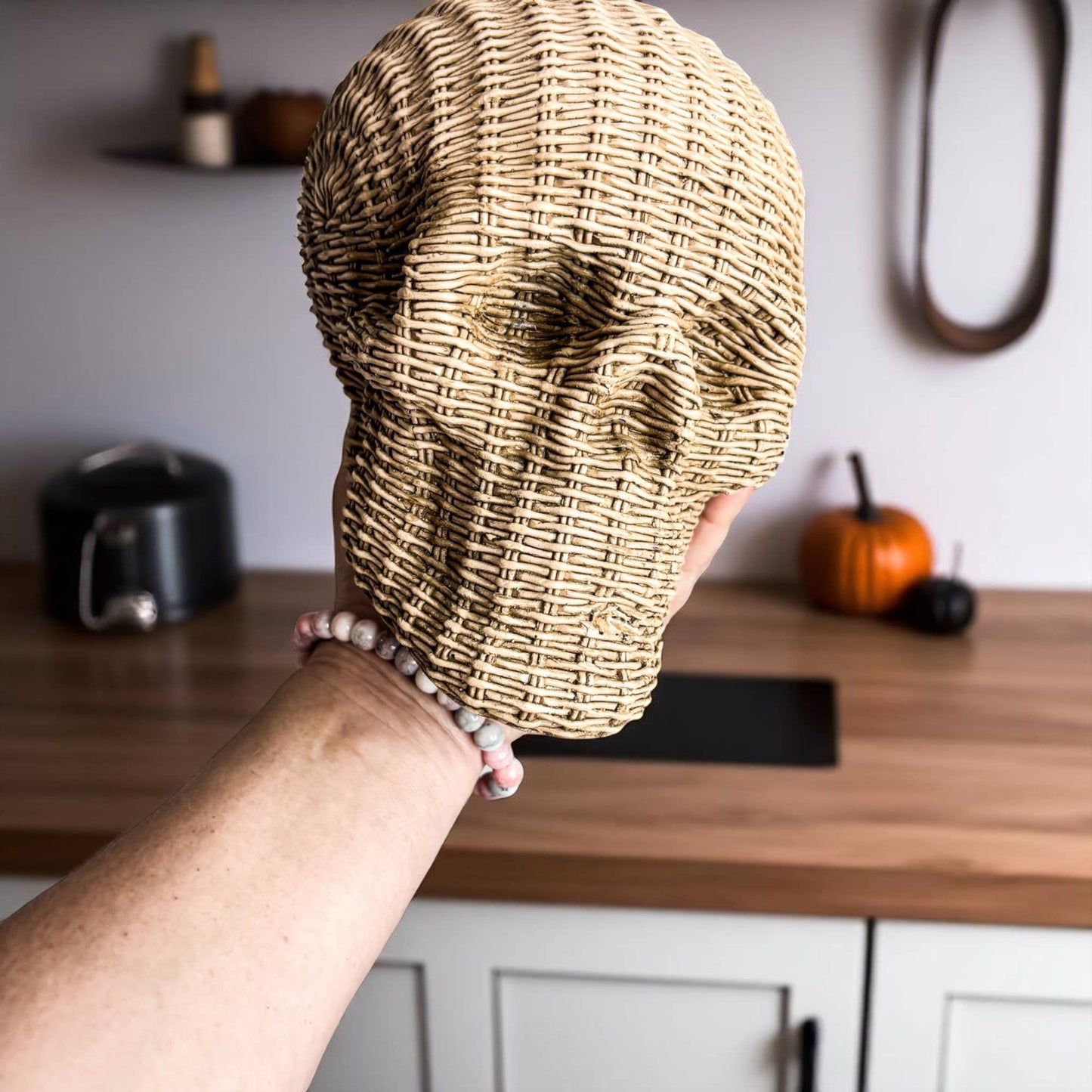 Resin Skull Statue Rattan Halloween Gothic Home Decor Unique-Brown