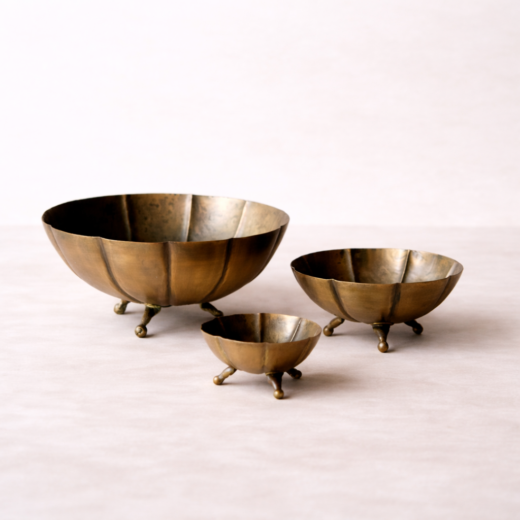 Vintage Inspired Brass Scalloped Footed Bowls
