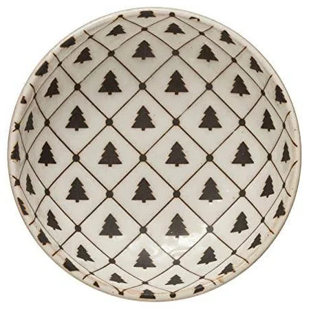 5" Round x 1-1/2"H Stoneware Bowl with Tree Pattern, Reactive Glaze, White and Black
