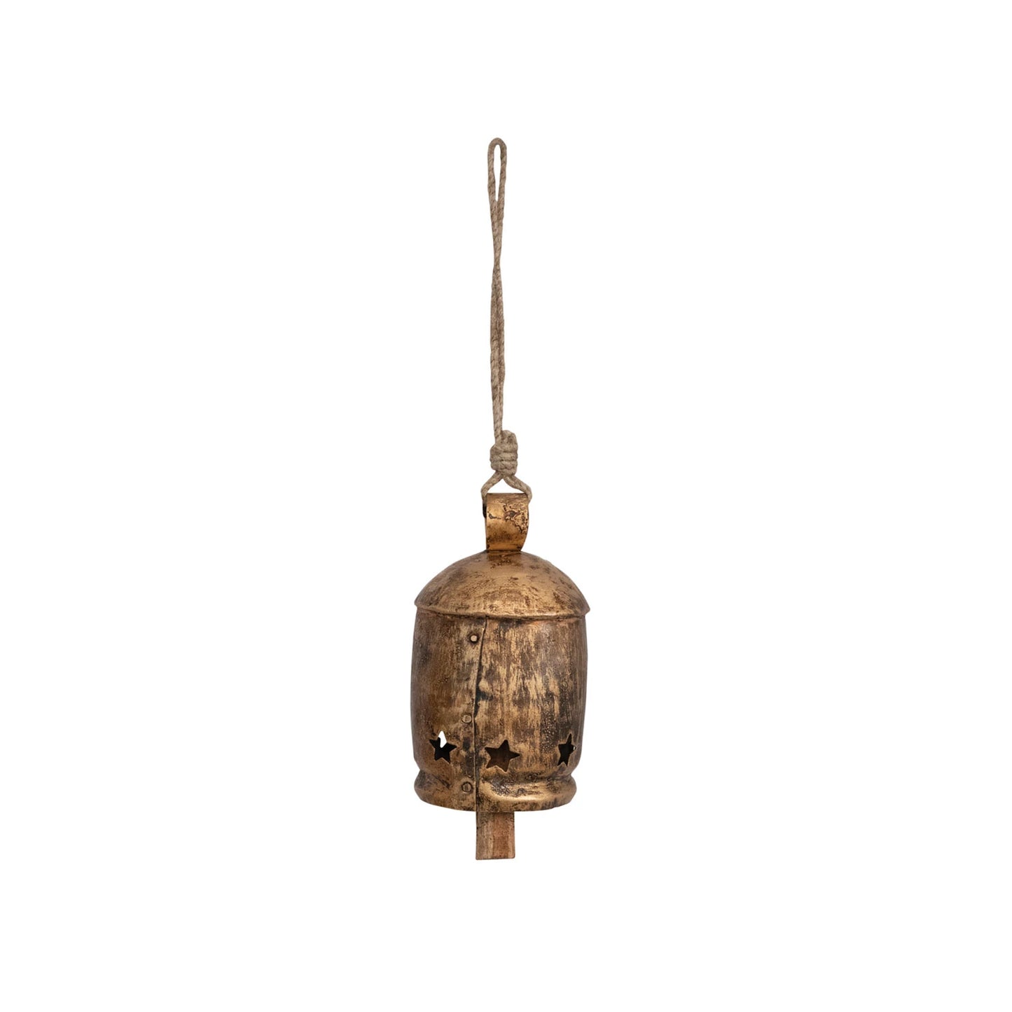 Small  Metal Bell on Jute Rope with Star Cut-Outs, Heavily Distressed Antique Gold Finish