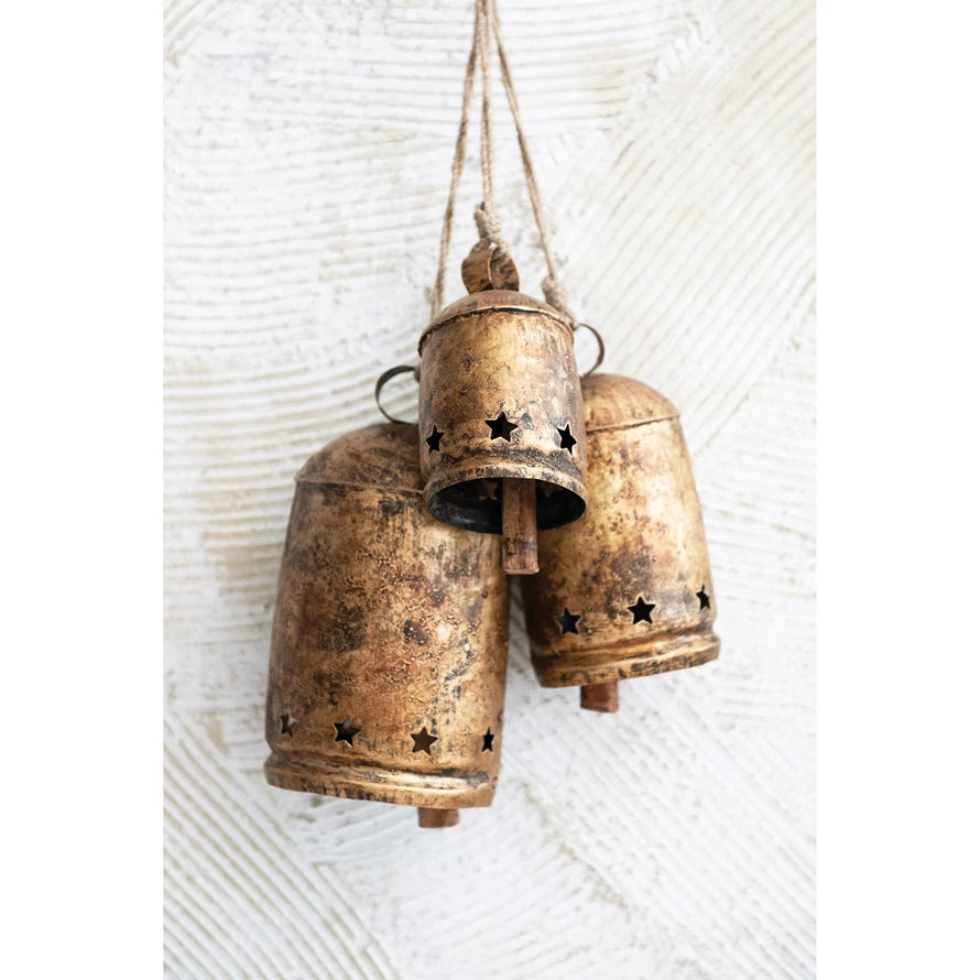 Small  Metal Bell on Jute Rope with Star Cut-Outs, Heavily Distressed Antique Gold Finish