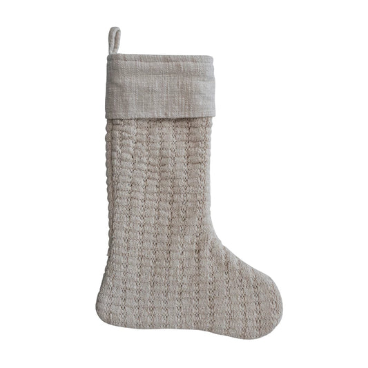 20"H Wool Knit Stocking w/ Cotton Slub Cuff, Cream Color