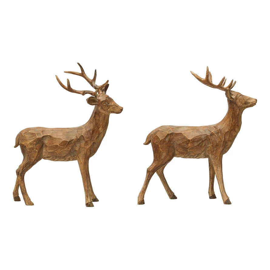 Resin Standing Deer, Brown & Carved Wood Finish