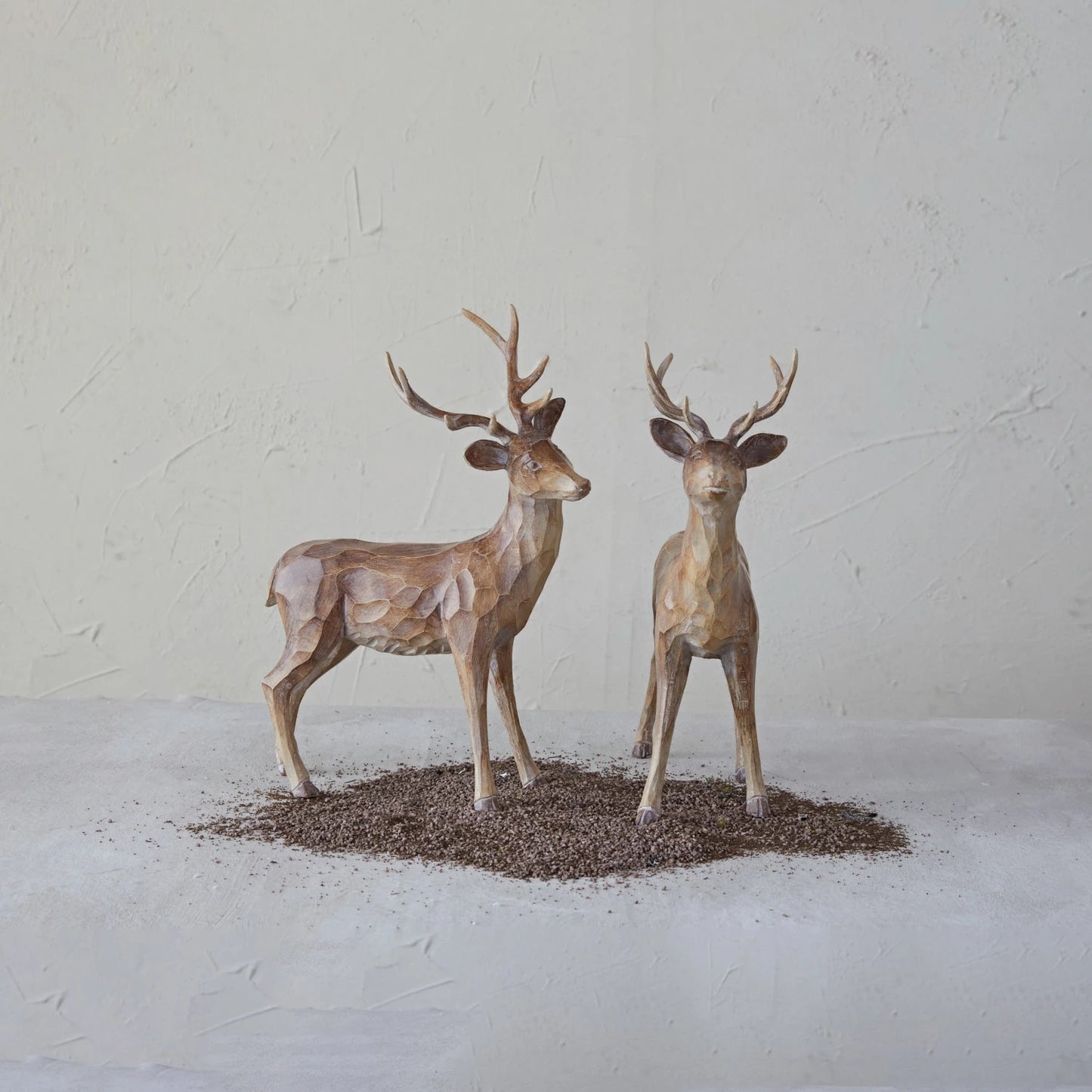 Resin Standing Deer, Brown & Carved Wood Finish