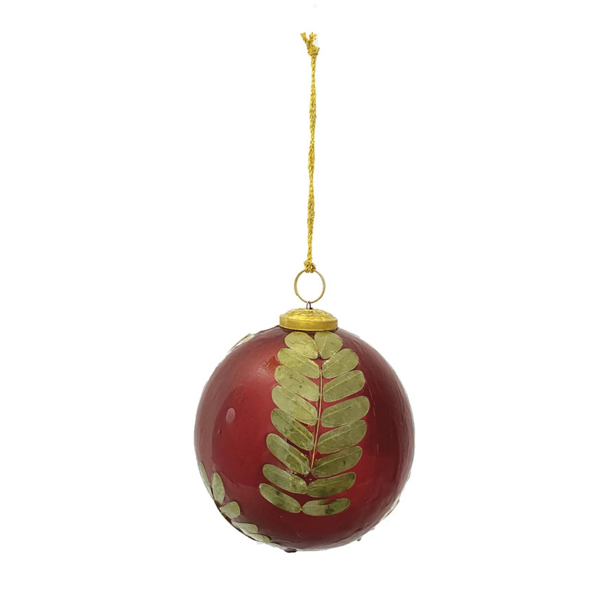 5"  Glass Ball Ornament w/ Embedded Eucalyptus Leaves, Red & Gold Finish