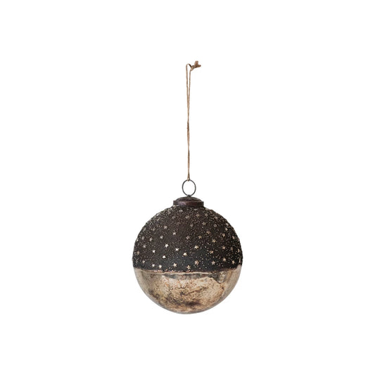 Mercury Glass Ball Ornament w/ Stars, Dipped Bronze & Silver Finish