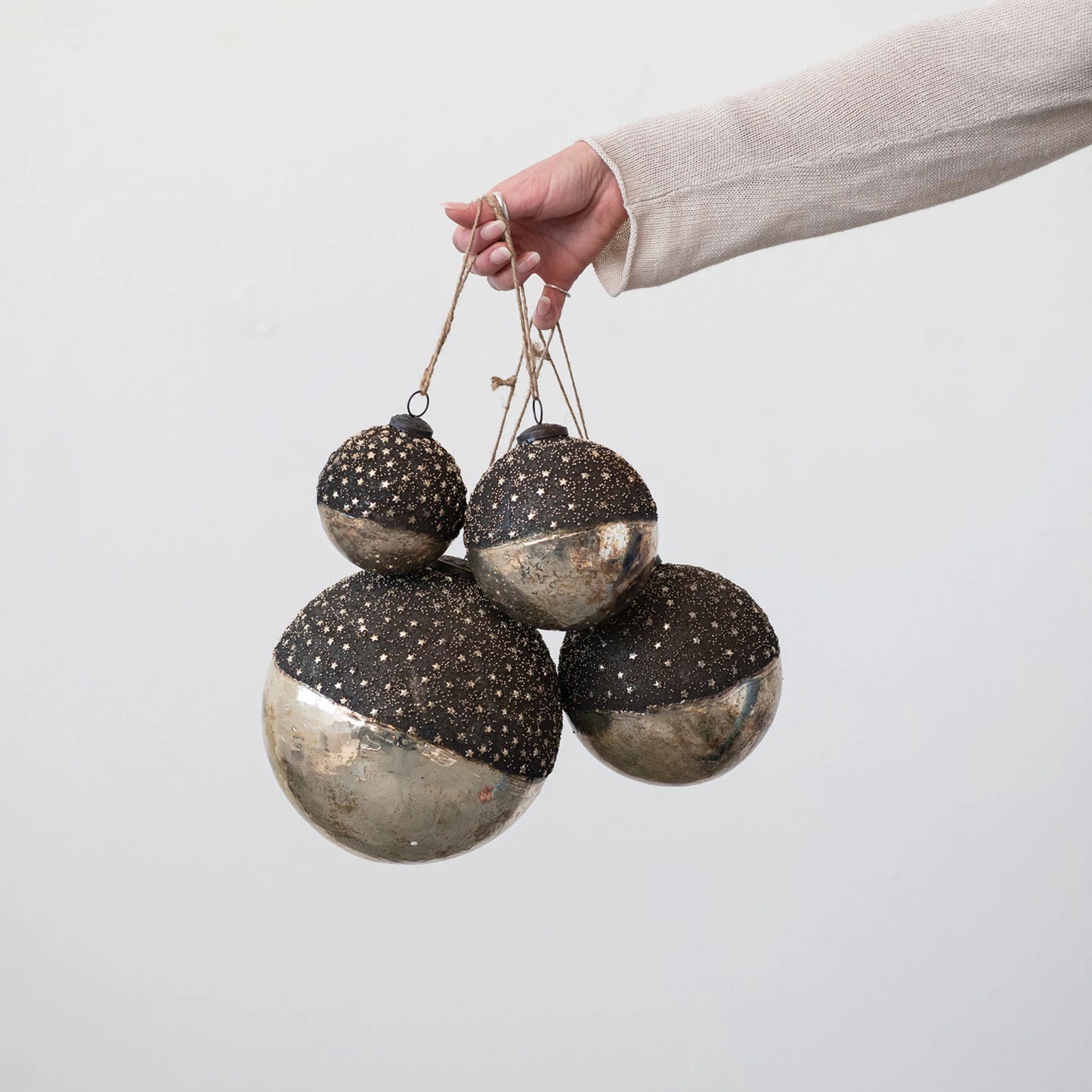 Mercury Glass Ball Ornament w/ Stars, Dipped Bronze & Silver Finish