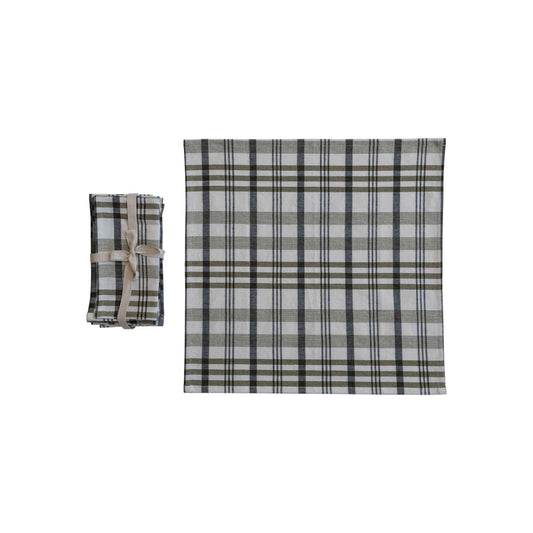 Stonewashed Cotton Napkins, White & Green Plaid, Set of 4