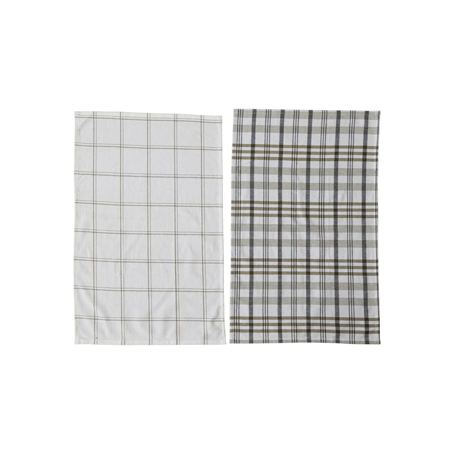 Stonewashed Cotton Tea Towel w/ Grid/Plaid Pattern, White & Green