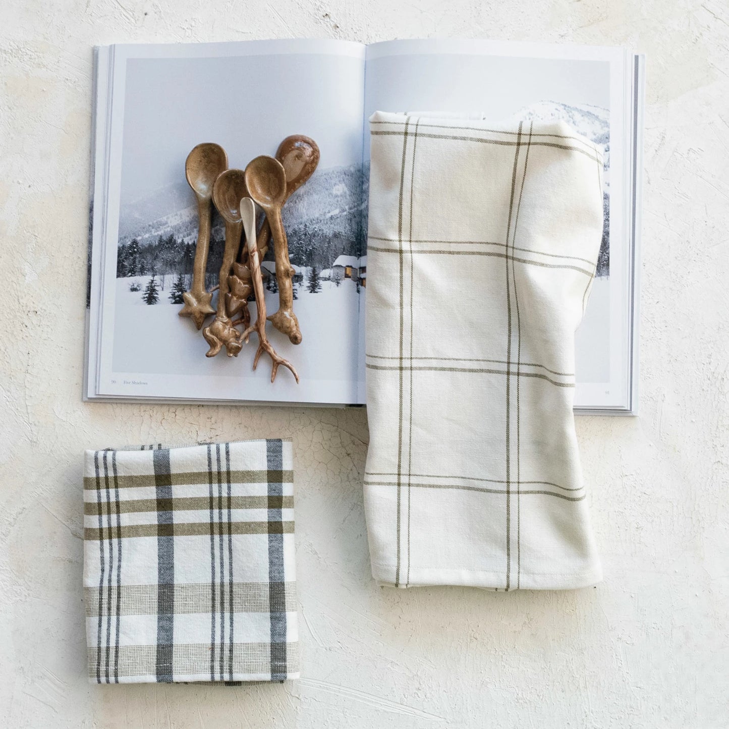 Stonewashed Cotton Tea Towel w/ Grid/Plaid Pattern, White & Green