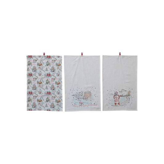 Cotton Printed Tea Towel w/ Holiday Scene/Pattern, Saying & Loop