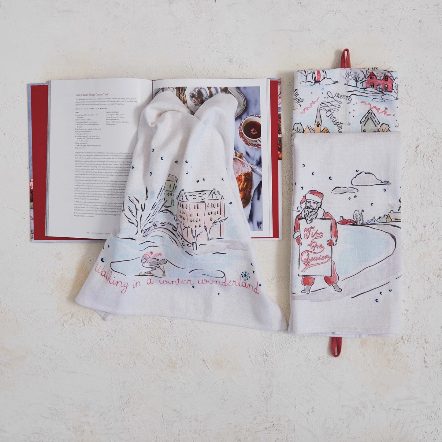 Cotton Printed Tea Towel w/ Holiday Scene/Pattern, Saying & Loop