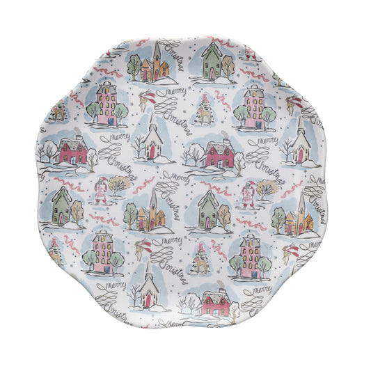 Bamboo Melamine Scalloped Plate w/ Holiday Pattern, Multi Color ©