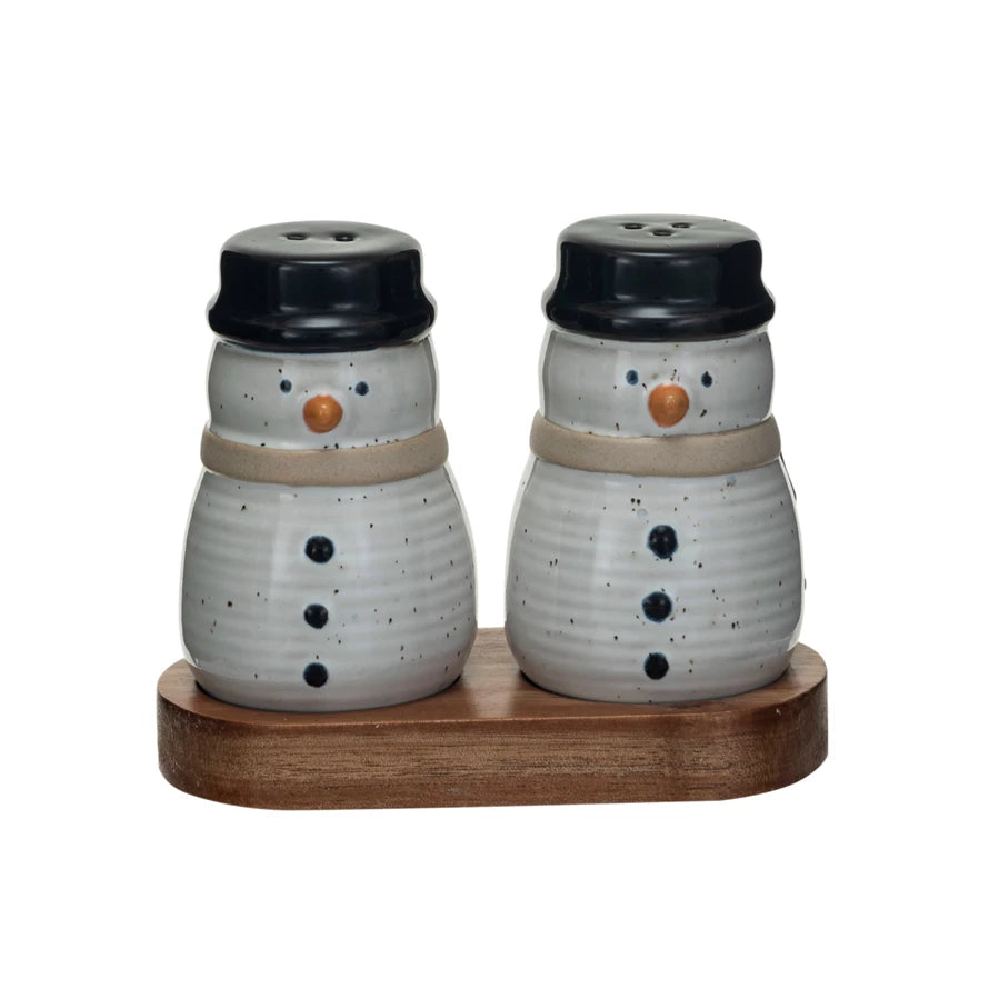 Stoneware Snowmen Shaped Salt & Pepper Shakers w/ Acacia Wood Tray, Set of 3