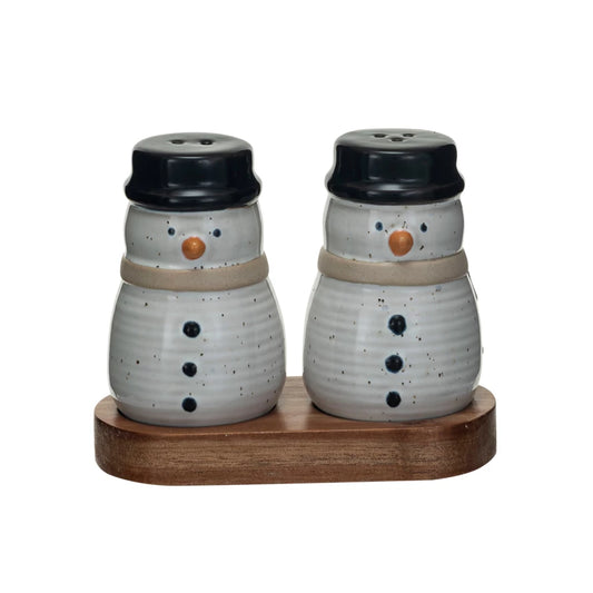 Stoneware Snowmen Shaped Salt & Pepper Shakers w/ Acacia Wood Tray, Set of 3