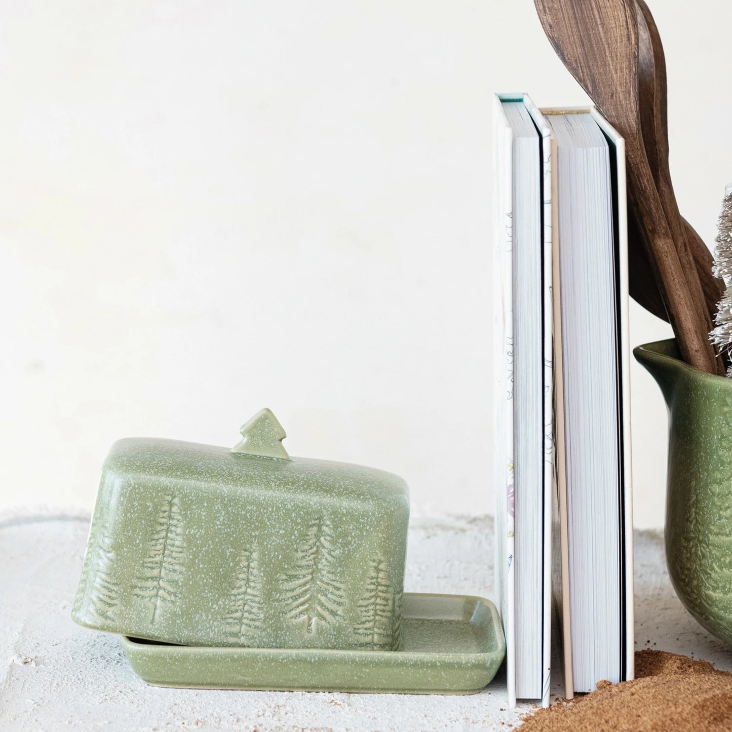 Debossed Stoneware Butter Dish w/ Trees