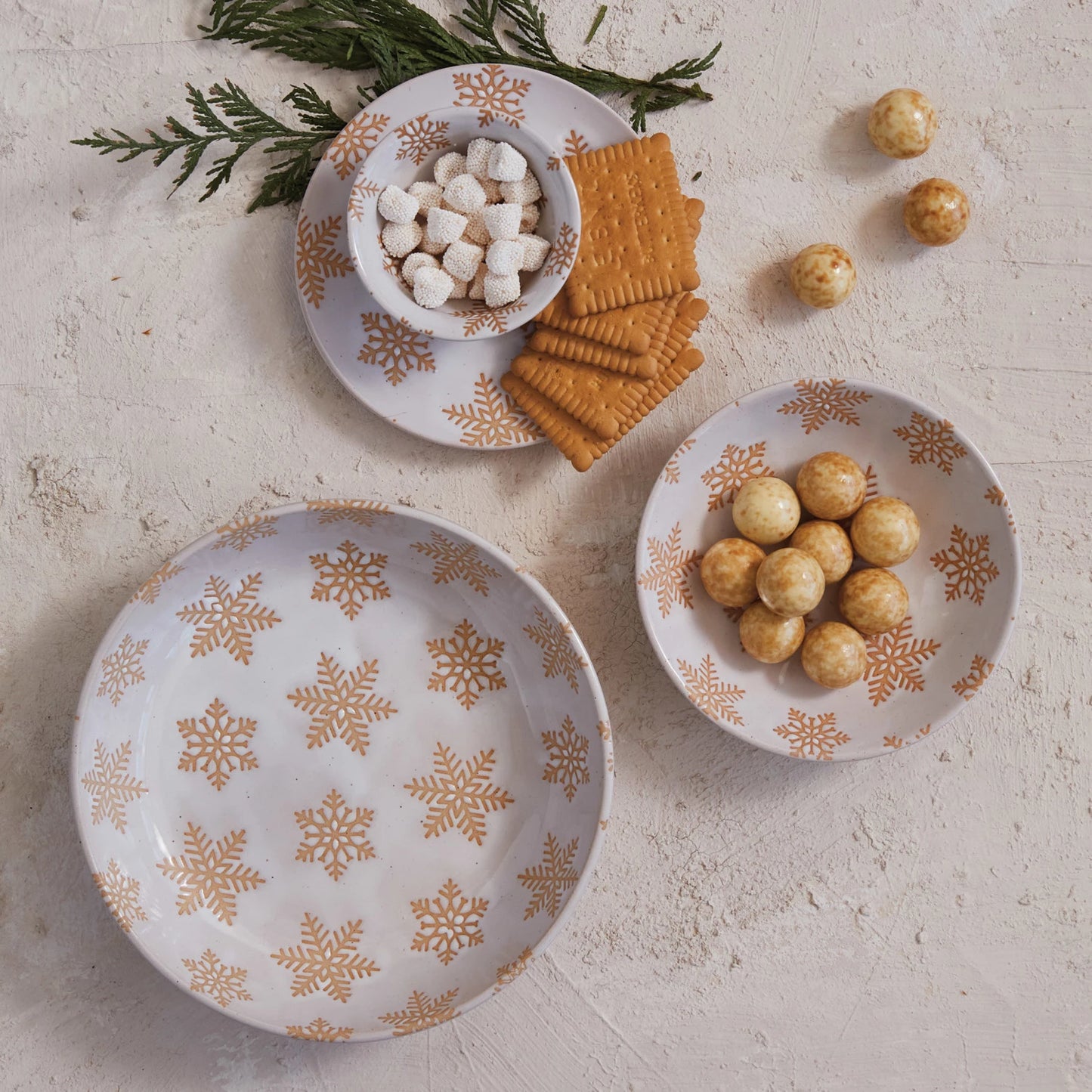 Stoneware Bowl w/ Wax Relief Snowflakes, Reactive Glaze