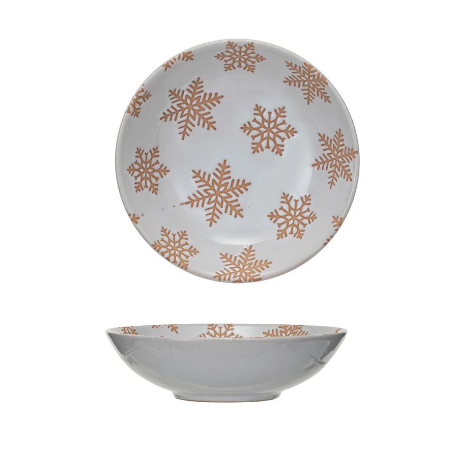 Small Stoneware Bowl w/ Wax Relief Snowflakes, Reactive Glaze