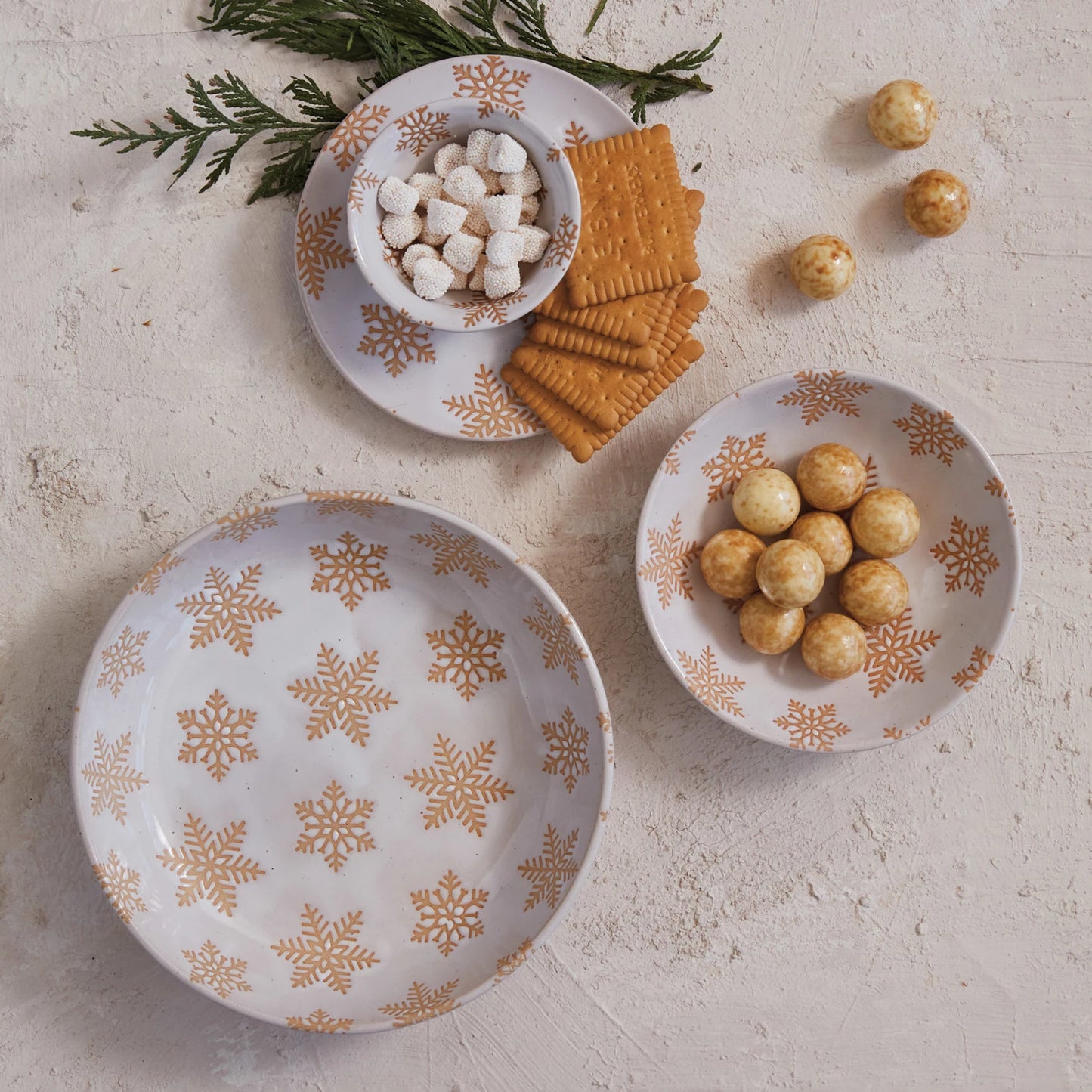 Small Stoneware Bowl w/ Wax Relief Snowflakes, Reactive Glaze