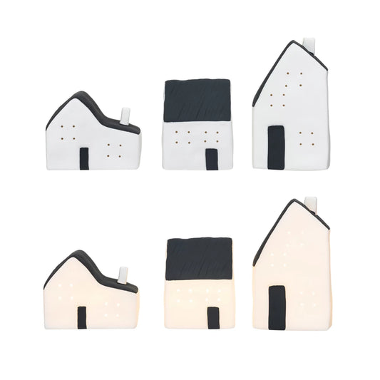 Stoneware LED Houses, White & Black, Set of 3