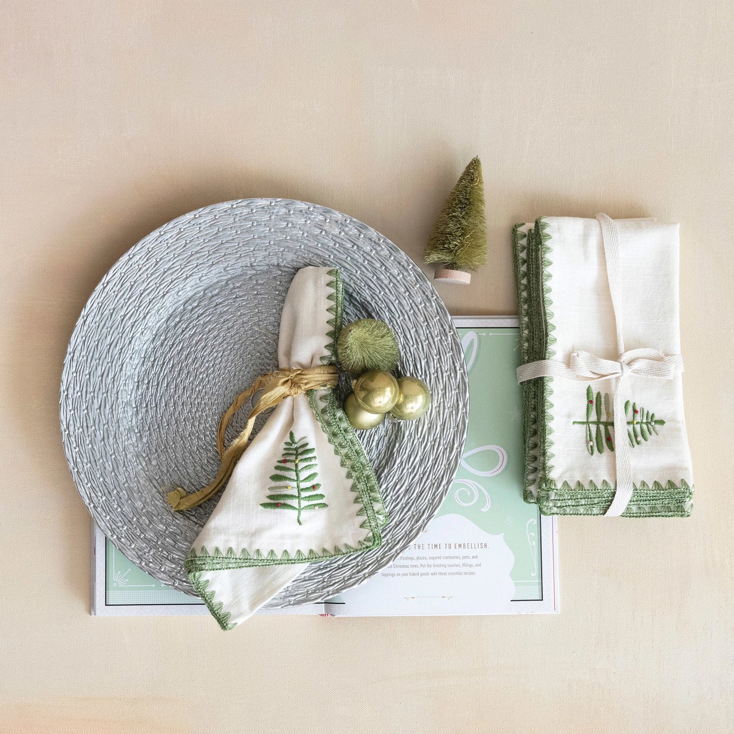 Cotton Napkins w/ Embroidered Tree & Edge, Natural & Green, Set of 4