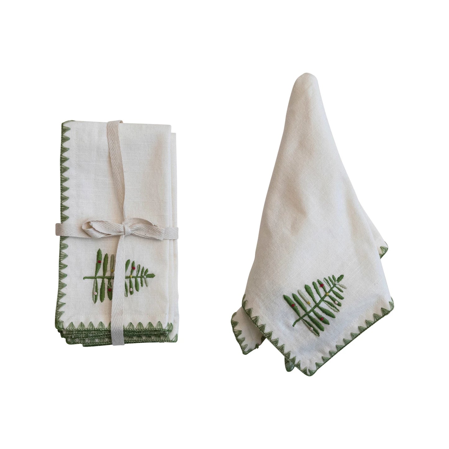 Cotton Napkins w/ Embroidered Tree & Edge, Natural & Green, Set of 4