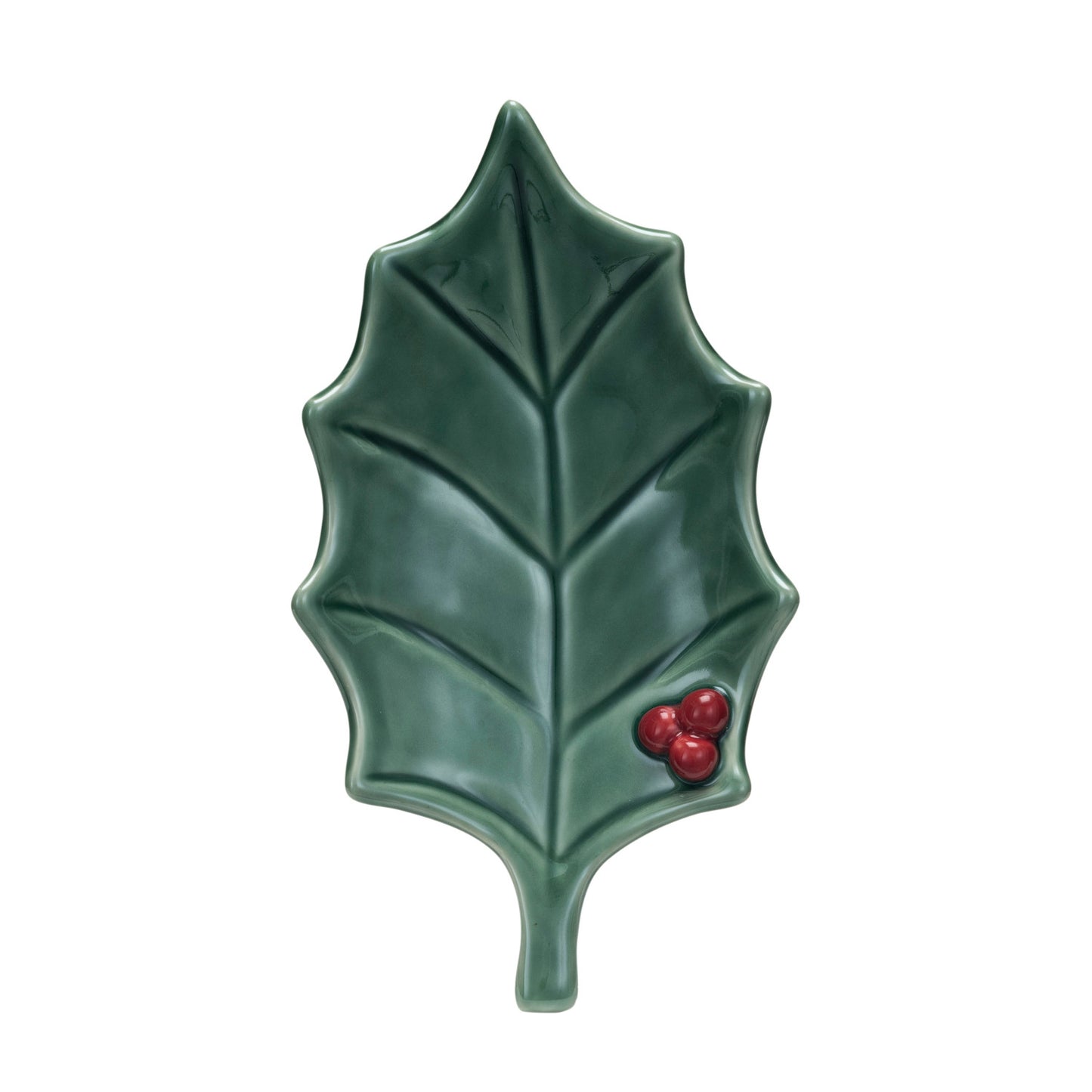 Stoneware Holly Leaf Shaped Dish, Reactive Glaze, Green & Red (Each One Will Vary)