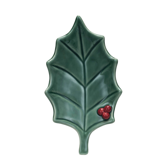 Stoneware Holly Leaf Shaped Dish, Reactive Glaze, Green & Red (Each One Will Vary)