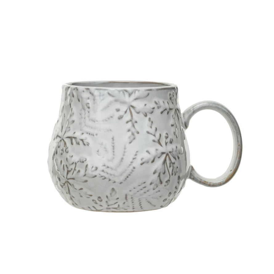 16 oz. Embossed Stoneware Mug w/ Snowflakes, Reactive Glaze