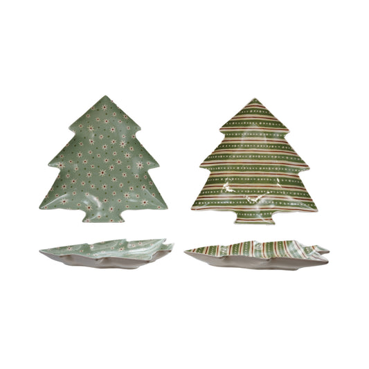Stoneware Tree Shaped Plate with Holiday Pattern, 2 Styles ©