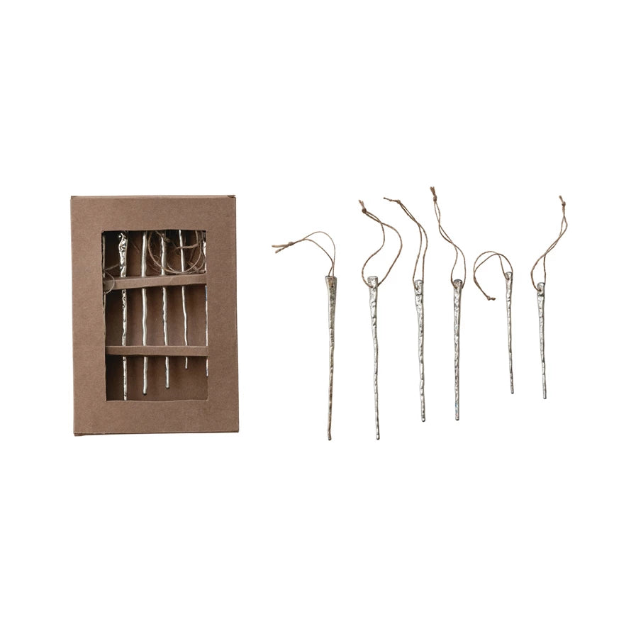 Mercury Glass Icicle Ornaments, Silver Finish, Boxed Set of 6