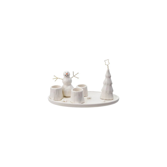 Stoneware & Wire Taper Holder with Snowman & Tree (Holds 3 Tapers)